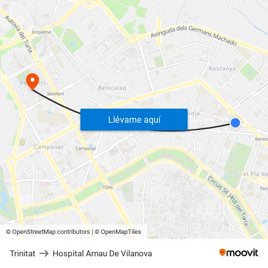 Trinitat to Hospital Arnau De Vilanova map