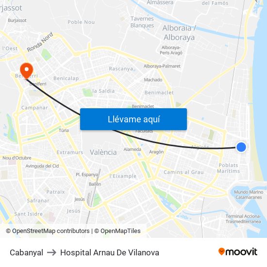 Cabanyal to Hospital Arnau De Vilanova map