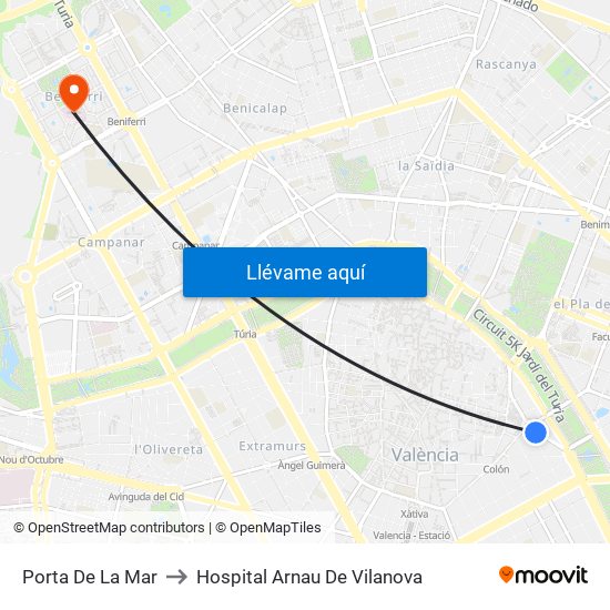Porta De La Mar to Hospital Arnau De Vilanova map