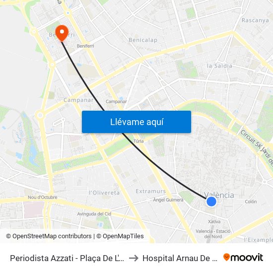 Plaça De L'Ajuntament - Periodista Azzati to Hospital Arnau De Vilanova map