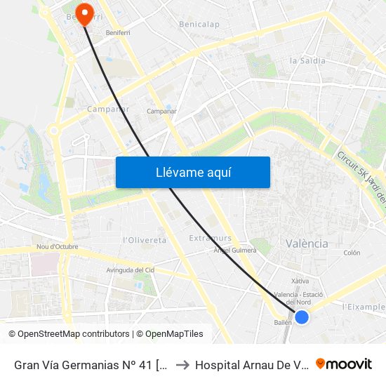 Gran Vía Germanias Nº 41 [València] to Hospital Arnau De Vilanova map