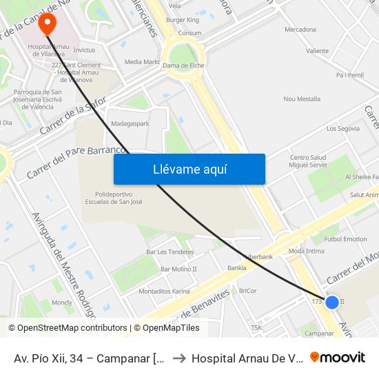 Av. Pío Xii, 34 – Campanar [València] to Hospital Arnau De Vilanova map