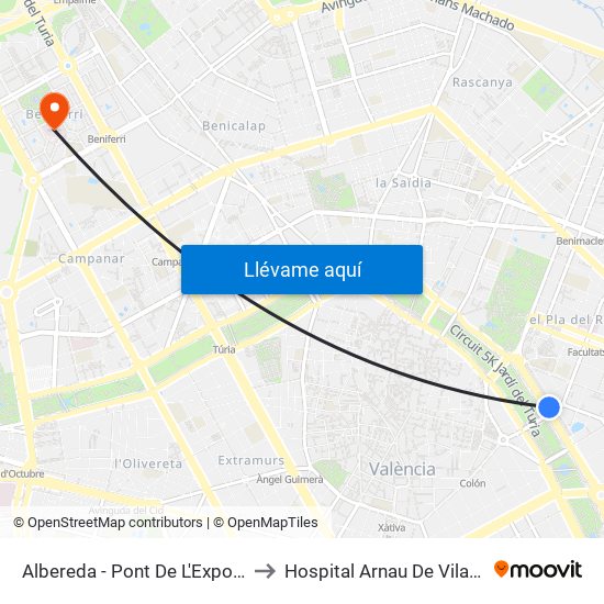 Albereda to Hospital Arnau De Vilanova map