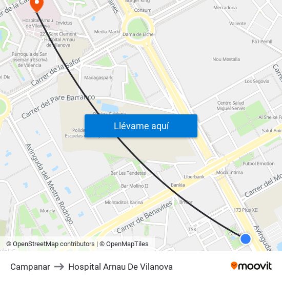 Pius XII (Imparell) - Metro Campanar to Hospital Arnau De Vilanova map