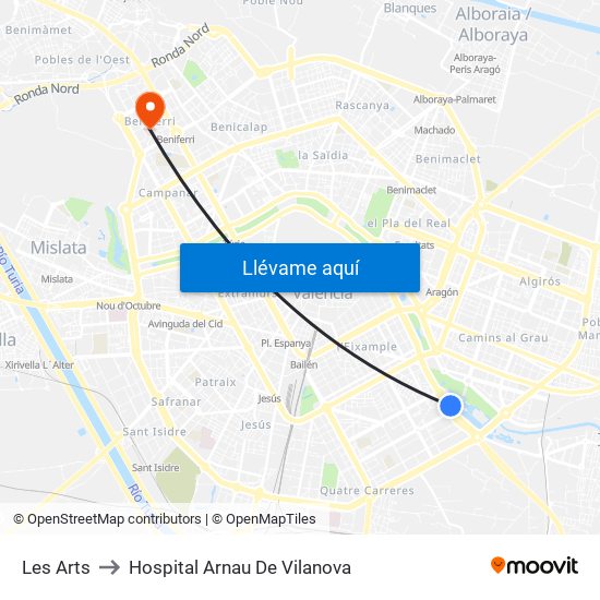 Les Arts to Hospital Arnau De Vilanova map