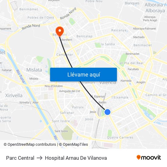 Parc Central to Hospital Arnau De Vilanova map