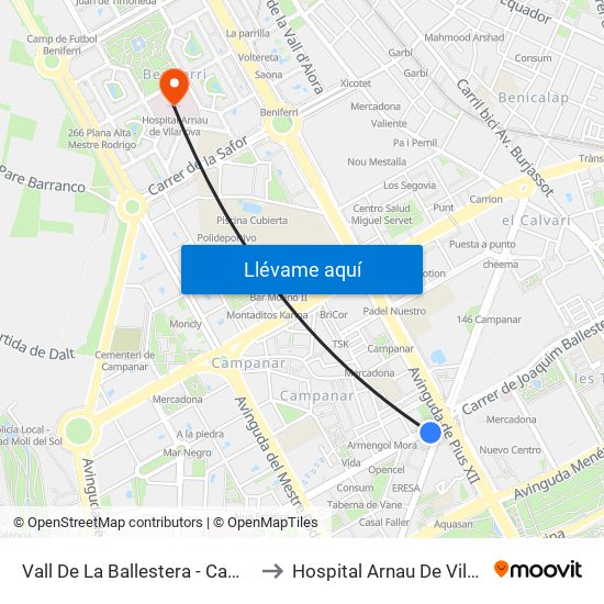 Vall De La Ballestera - Campanar to Hospital Arnau De Vilanova map