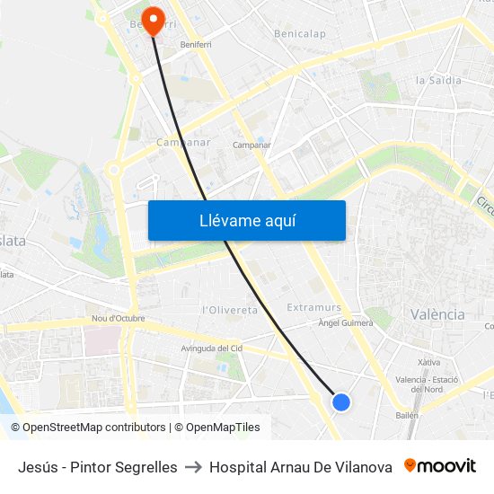 Jesús - Pintor Segrelles to Hospital Arnau De Vilanova map