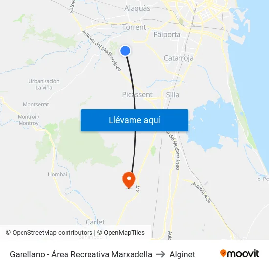 Garellano - Área Recreativa Marxadella to Alginet map