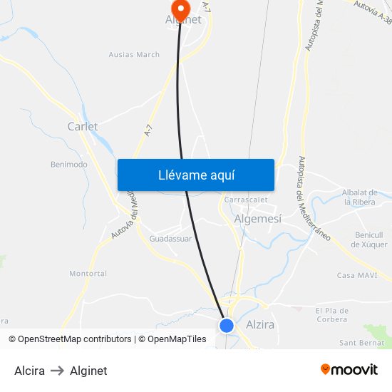 Alcira to Alginet map