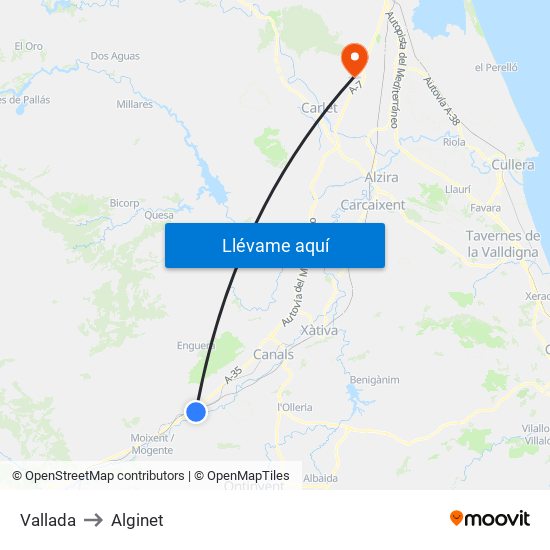 Vallada to Alginet map