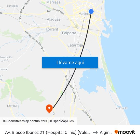 Av. Blasco Ibáñez 21  (Hospital Clínic) [València] to Alginet map