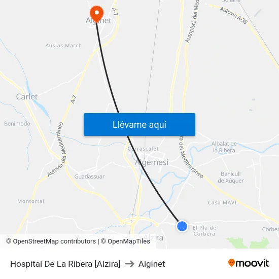 Hospital De La Ribera [Alzira] to Alginet map