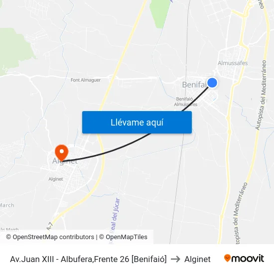 Av.Juan XIII - Albufera,Frente 26 [Benifaió] to Alginet map