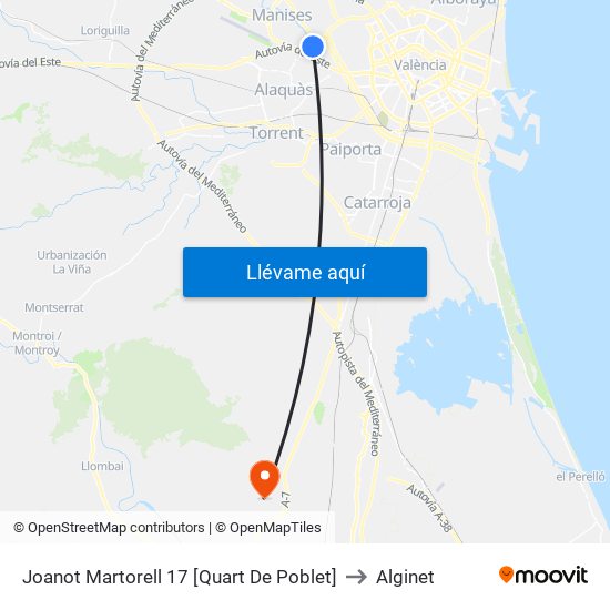 Joanot Martorell 17 [Quart De Poblet] to Alginet map