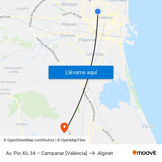 Av. Pío Xii, 34 – Campanar [València] to Alginet map