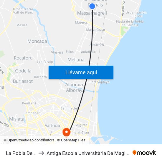 La Pobla De Farnals to Antiga Escola Universitària De Magisteri Ausiàs March map