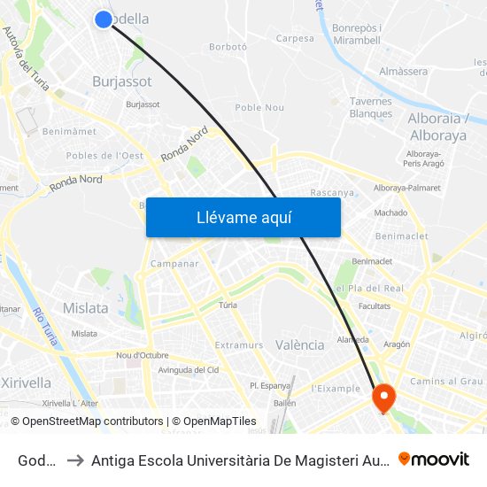 Godella to Antiga Escola Universitària De Magisteri Ausiàs March map