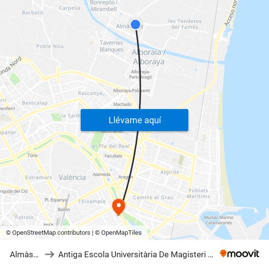 Almàssera to Antiga Escola Universitària De Magisteri Ausiàs March map