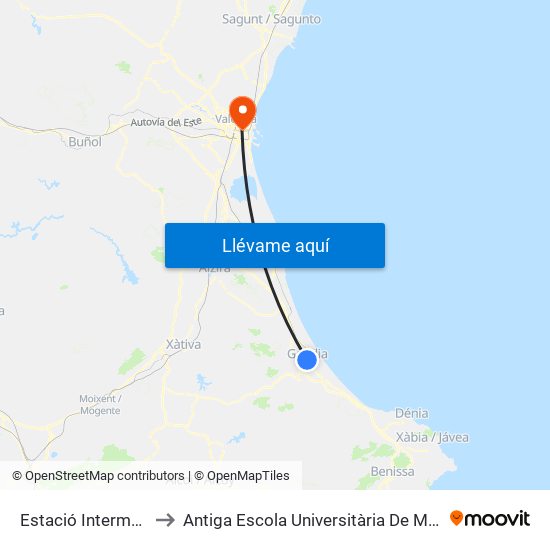 Estació Intermodal Gandia to Antiga Escola Universitària De Magisteri Ausiàs March map