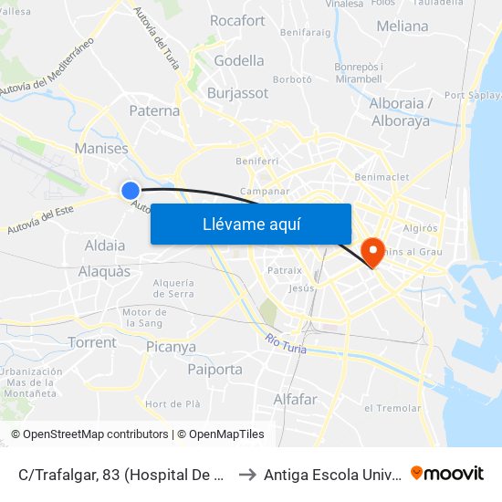 C/Trafalgar, 83 (Hospital De Manises) (Front Col.Legi San Onofre) [Quart De Poblet] to Antiga Escola Universitària De Magisteri Ausiàs March map