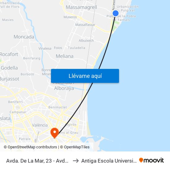 Avda. De La Mar, 23 - Avda. Ausiàs March [La Pobla De Farnals] to Antiga Escola Universitària De Magisteri Ausiàs March map