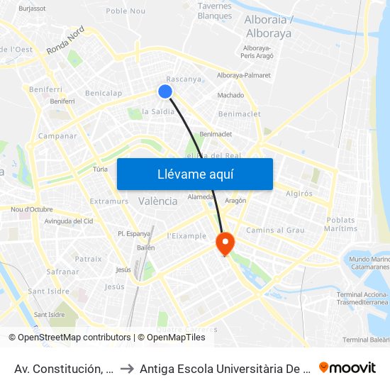 Av. Constitución, 127 [València] to Antiga Escola Universitària De Magisteri Ausiàs March map