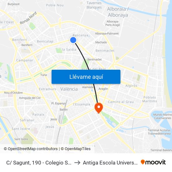 C/ Sagunt, 190 - Colegio San Antonio Abad Salesianos [València] to Antiga Escola Universitària De Magisteri Ausiàs March map