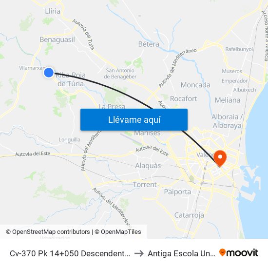 Cv-370 Pk 14+050 Descendente - Cruce Con Urb. Mas Del Moro - Fábrica De Pieles [Vilamarxant] to Antiga Escola Universitària De Magisteri Ausiàs March map