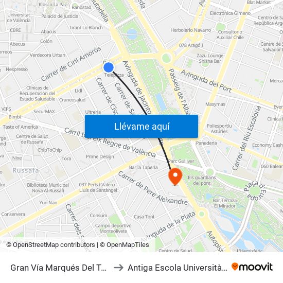Gran Vía Marqués Del Turia - Plaza Cánovas  [València] to Antiga Escola Universitària De Magisteri Ausiàs March map