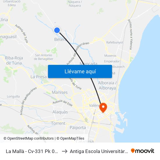 La Mallà - Cv-331 Pk 0+000 Descendente [Bétera] to Antiga Escola Universitària De Magisteri Ausiàs March map