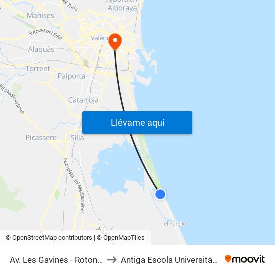 Av. Les Gavines - Rotonda (El Perellonet) [València] to Antiga Escola Universitària De Magisteri Ausiàs March map