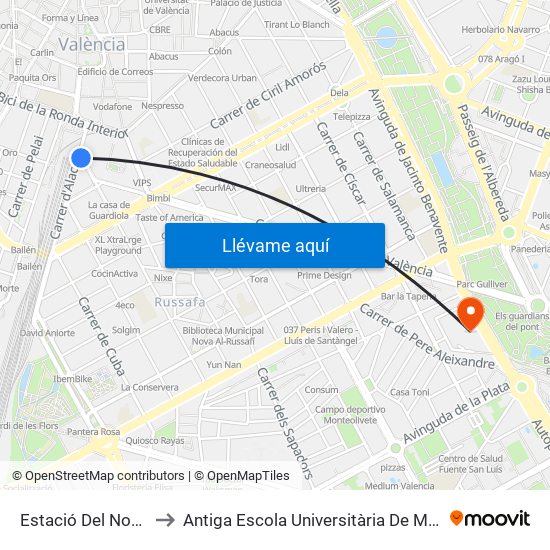 Estació Del Nord - Castelló to Antiga Escola Universitària De Magisteri Ausiàs March map