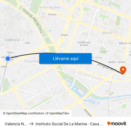 Valencia Nord to Instituto Social De La Marina - Casa Del Mar map