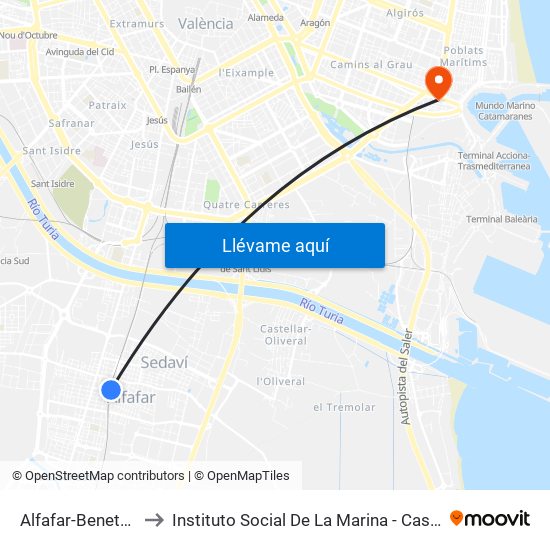Alfafar-Benetússer to Instituto Social De La Marina - Casa Del Mar map