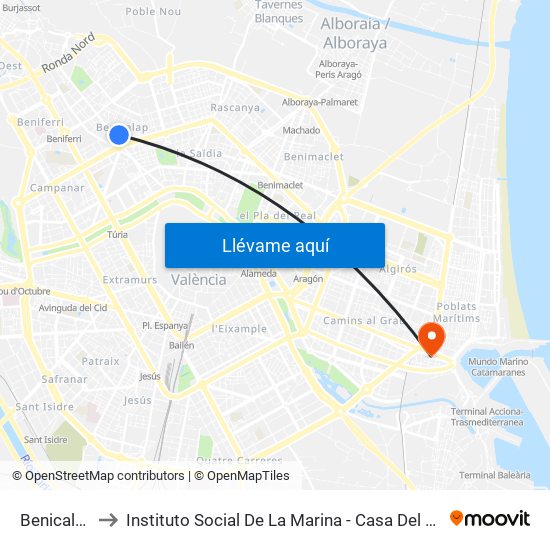 Benicalap to Instituto Social De La Marina - Casa Del Mar map