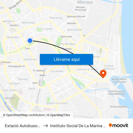 Estació Autobusos València to Instituto Social De La Marina - Casa Del Mar map