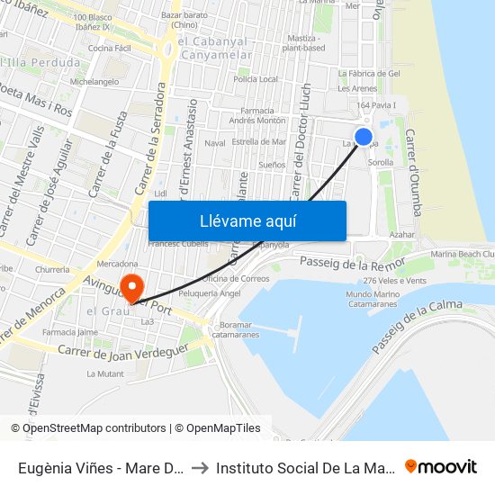 Eugènia Viñes - Mare De Déu Del Sufragi to Instituto Social De La Marina - Casa Del Mar map