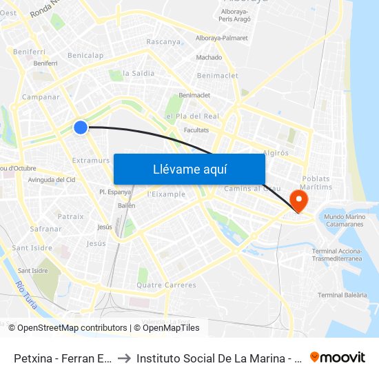 Petxina - Ferran El Catòlic to Instituto Social De La Marina - Casa Del Mar map