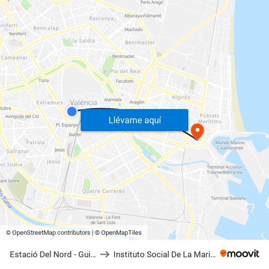 Estació Del Nord - Guillem De Castro to Instituto Social De La Marina - Casa Del Mar map