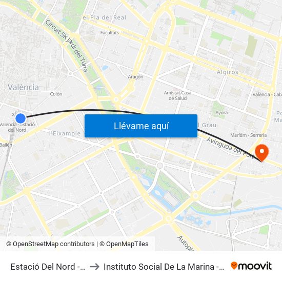 Estació Del Nord - Castelló to Instituto Social De La Marina - Casa Del Mar map