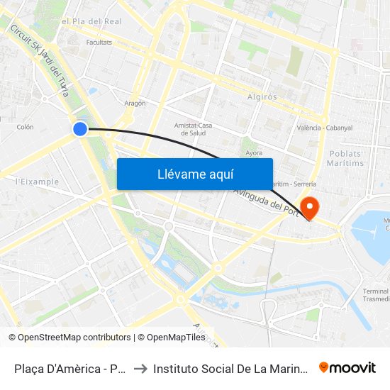 Plaça Amèrica to Instituto Social De La Marina - Casa Del Mar map