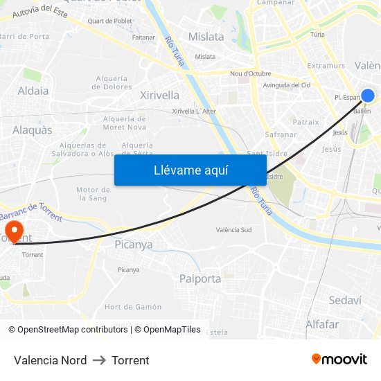 Valencia Nord to Torrent map