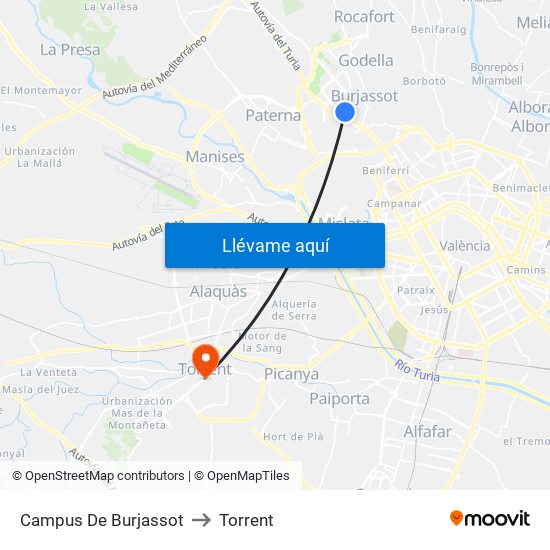 Campus De Burjassot to Torrent map