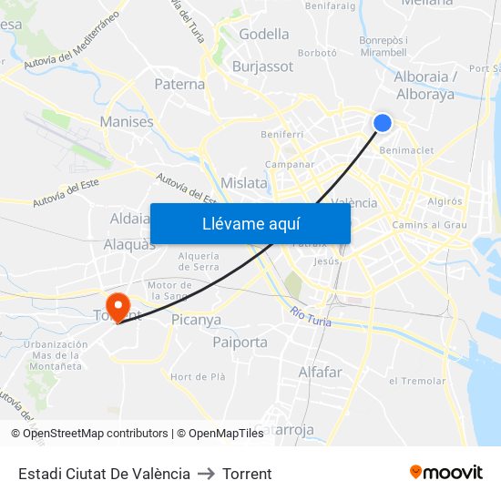 Estadi Ciutat De València to Torrent map