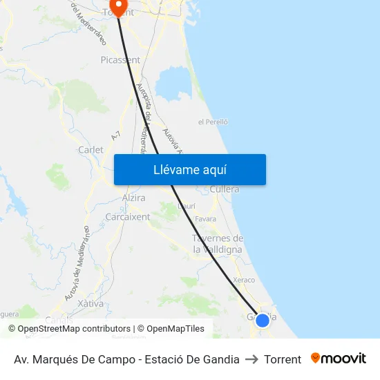 Av. Marqués De Campo - Estació De Gandia to Torrent map