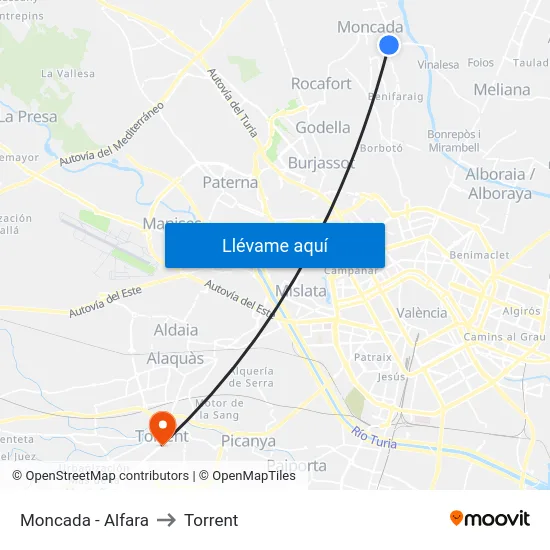 Moncada - Alfara to Torrent map