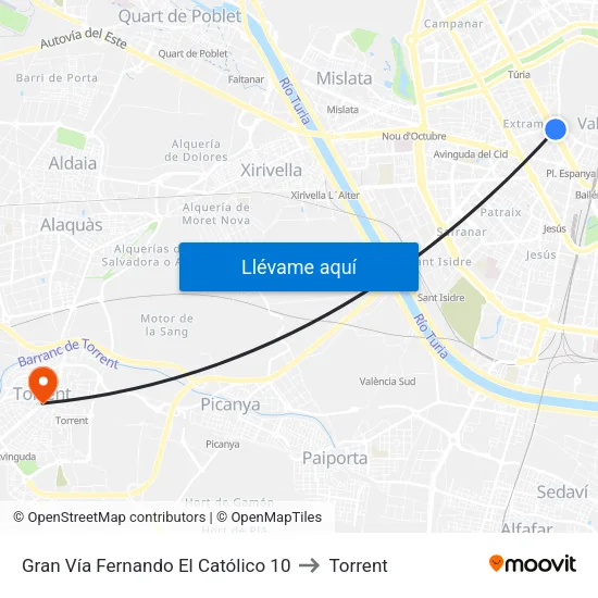 València. Gran Vía Fernando El Católico, 10 to Torrent map
