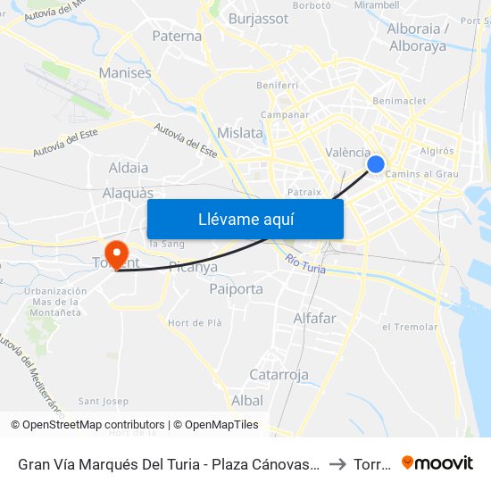 Gran Vía Marqués Del Turia - Plaza Cánovas  [València] to Torrent map