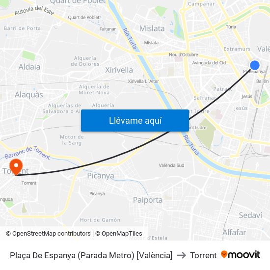 Plaça De Espanya (Parada Metro) [València] to Torrent map